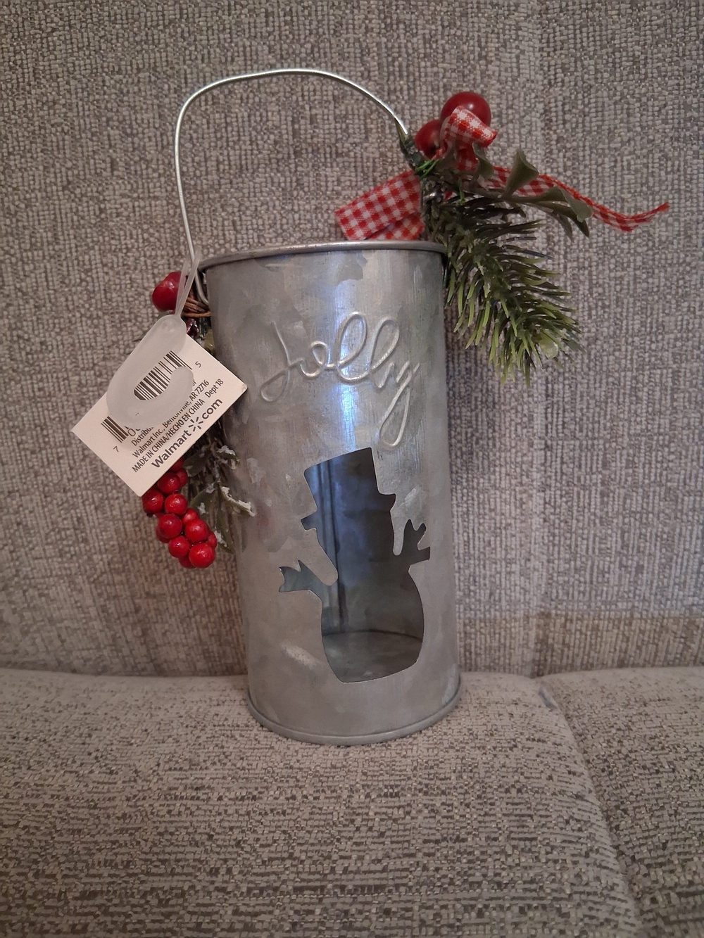 Holiday 'Jolly' Silver Snowman Tea Light Lantern with Red Berry Accent Nwt
